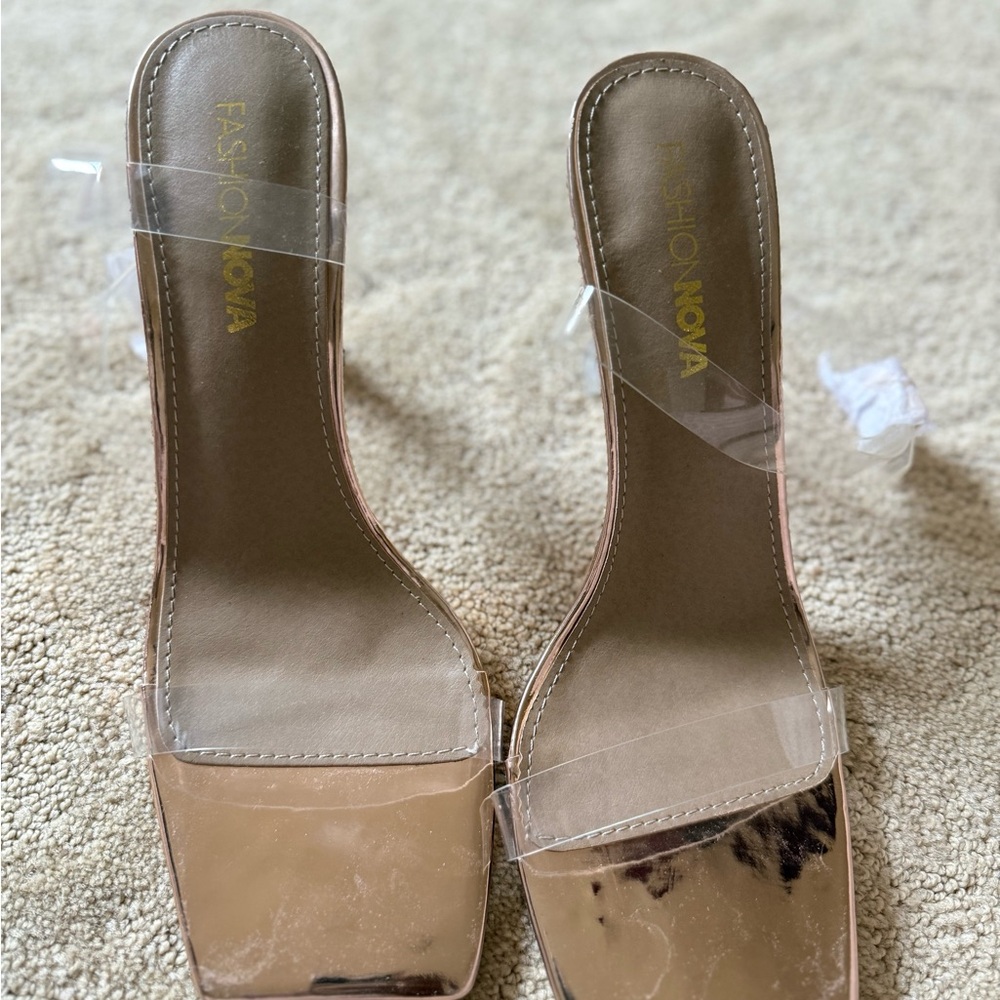Fashion Nova Clear Strap Tan Heels